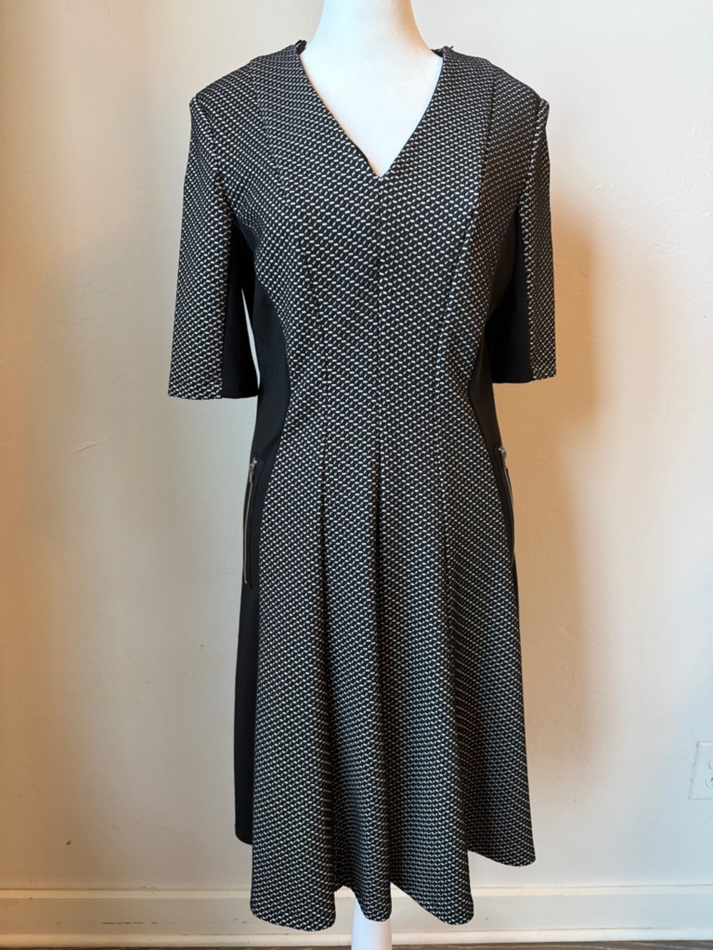 Vintage Liz Claiborne Black & White Textured Fit-and-Flare Midi Dress